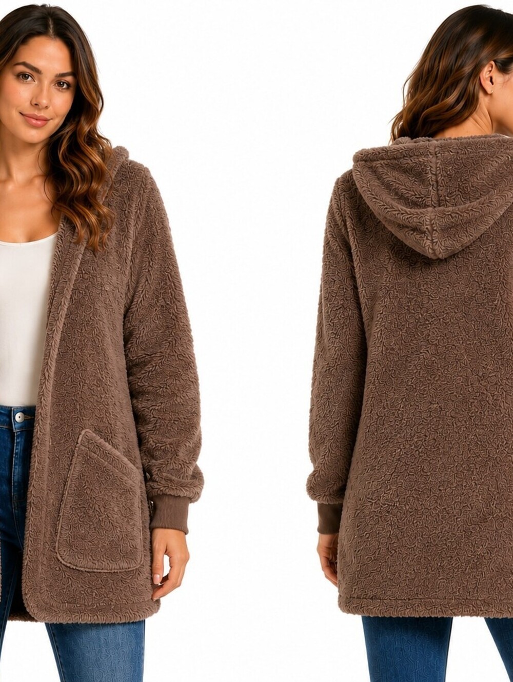 YACUN Women’s Teddy Fleece Hooded Open Front Cardigan Brown - Size M